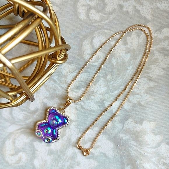 Iridescent Gummy Teddy Bear Pendant  on Chain Necklace Gold Plated Steel New - Picture 1 of 4